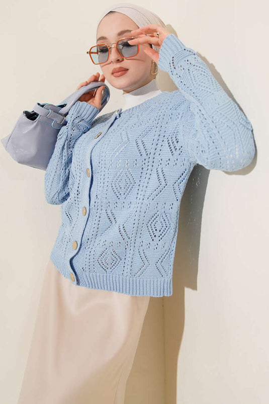 Cardigan court en tricot ajouré à boutons bleu