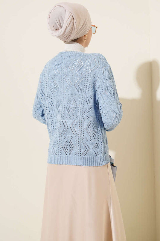 Cardigan court en tricot ajouré à boutons bleu