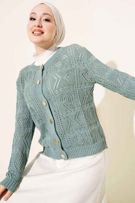 Kort gebreid vest met knopen en ajourpatroon, muntkleur