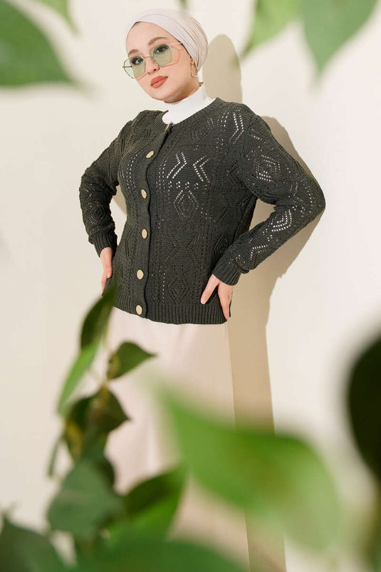 Buttoned Openwork Short Knit Cardigan in Olive Green