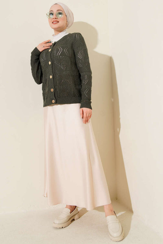Buttoned Openwork Short Knit Cardigan in Olive Green