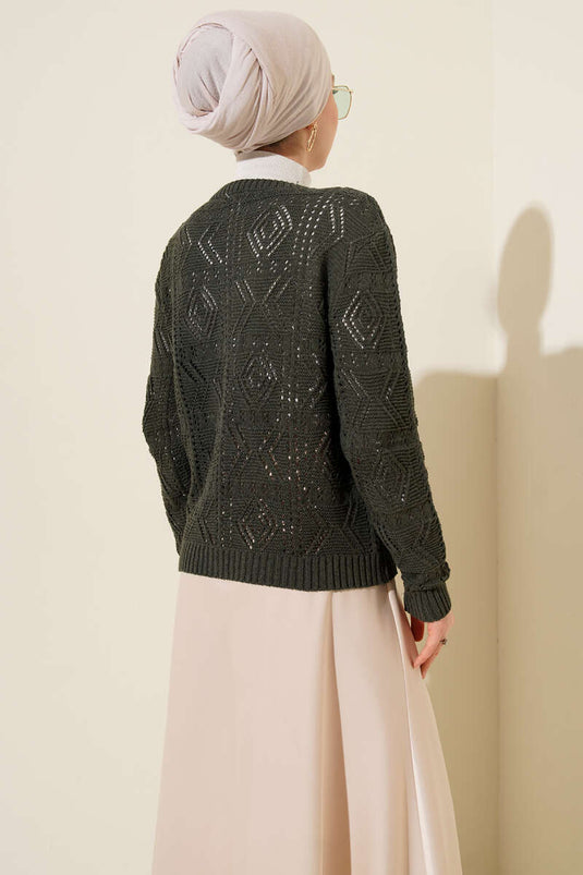 Buttoned Openwork Short Knit Cardigan in Olive Green