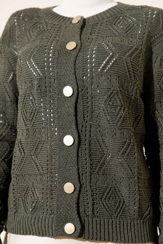 Buttoned Openwork Short Knit Cardigan in Olive Green