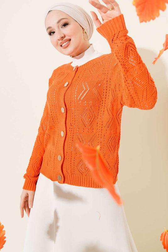 Düğmeli Ajurlu Kısa Triko Hırka Oranj