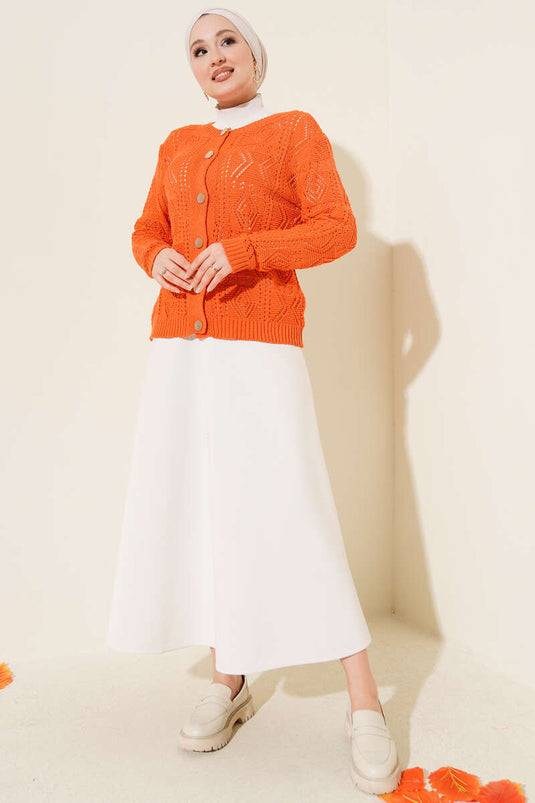 Düğmeli Ajurlu Kısa Triko Hırka Oranj