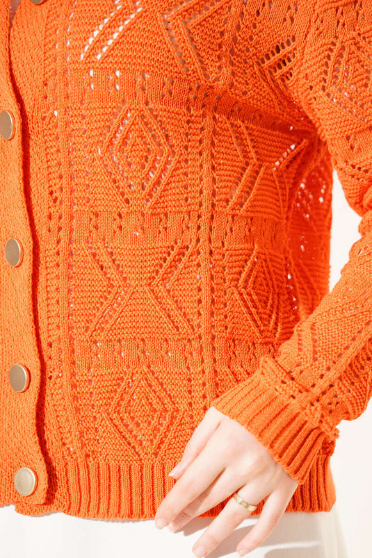 Düğmeli Ajurlu Kısa Triko Hırka Oranj