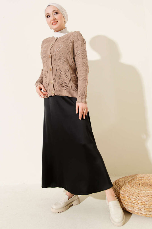 Vest met knopen, opengewerkt, kort, gebreid, kleur zandkleur