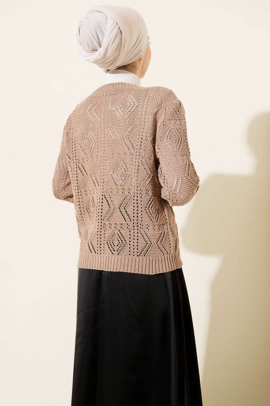 Vest met knopen, opengewerkt, kort, gebreid, kleur zandkleur