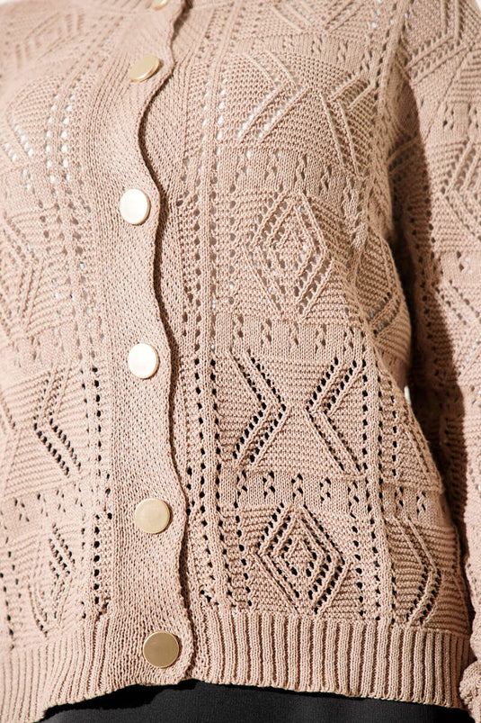 Vest met knopen, opengewerkt, kort, gebreid, kleur zandkleur