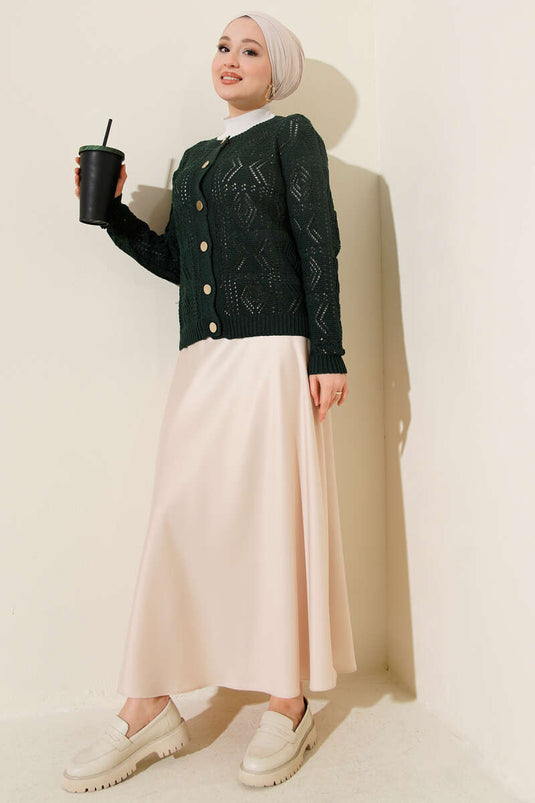 Buttoned Openwork Short Knit Cardigan Emerald