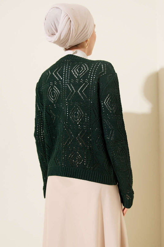 Buttoned Openwork Short Knit Cardigan Emerald