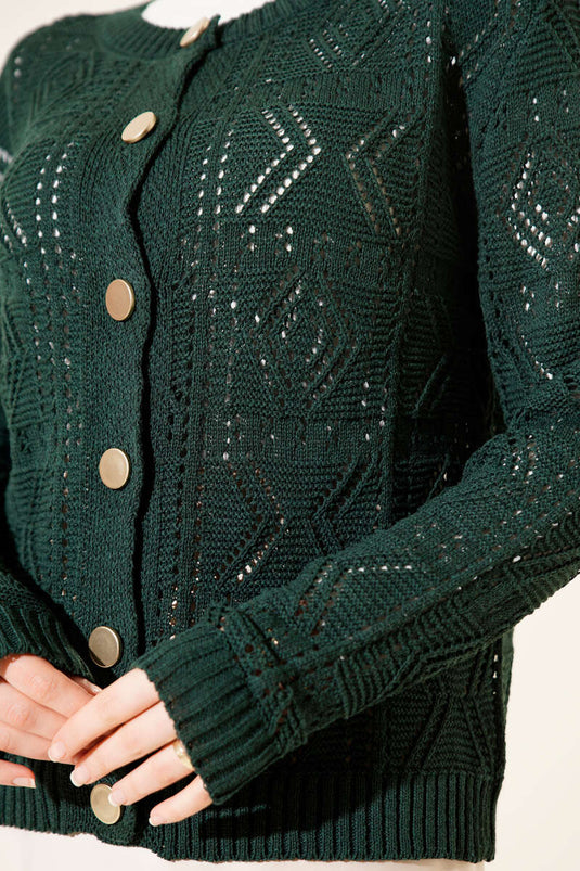 Buttoned Openwork Short Knit Cardigan Emerald