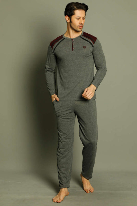 Düğmeli Armalı Erkek Pijama Takımı Füme Bordo