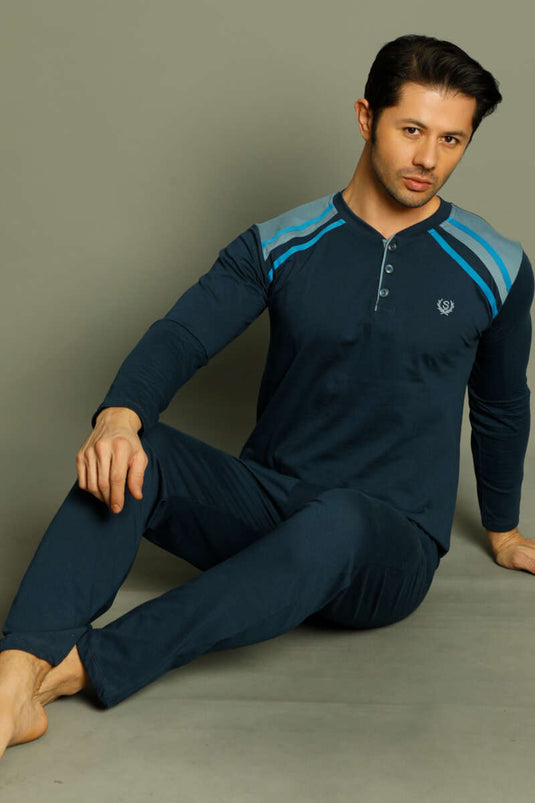 Düğmeli Armalı Erkek Pijama Takımı İndigo