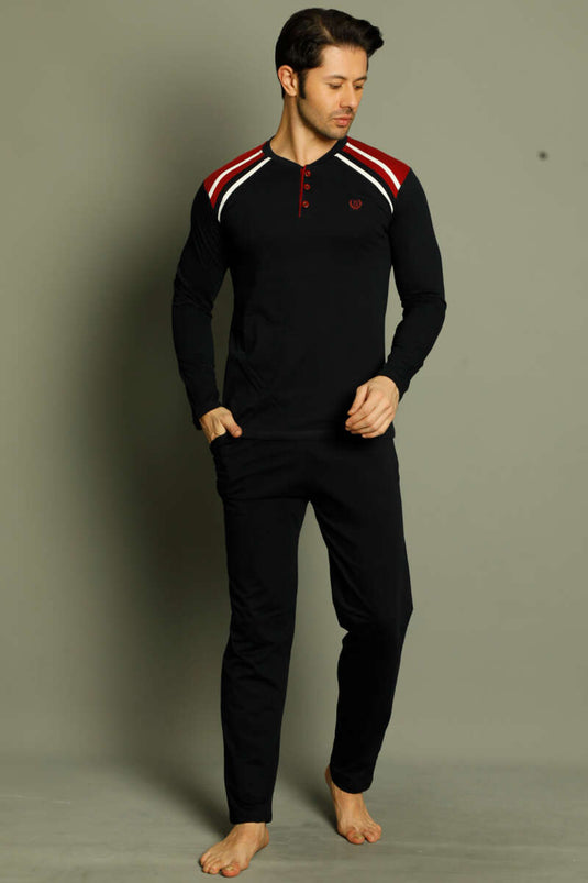 Düğmeli Armalı Erkek Pijama Takımı Lacivert Bordo