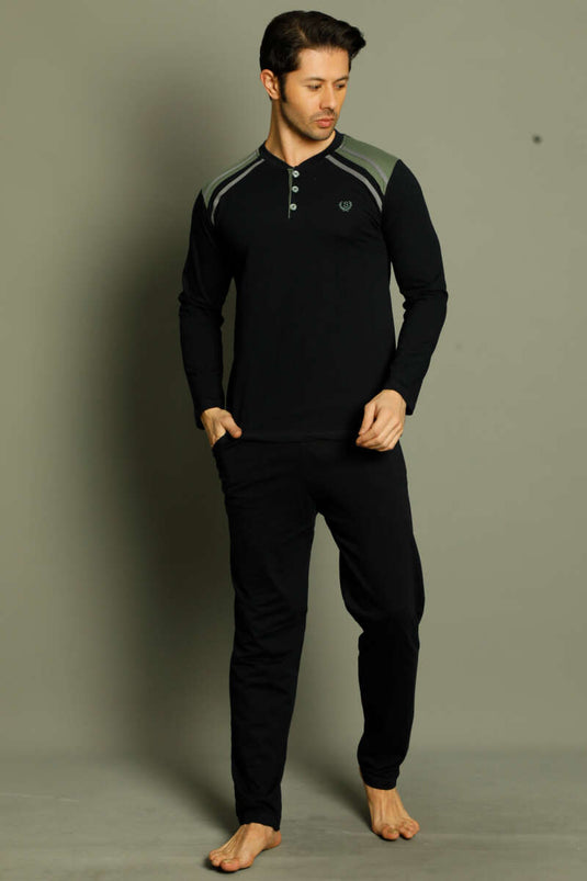 Düğmeli Armalı Erkek Pijama Takımı Lacivert Haki