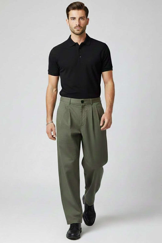 بنطال رجالي فضفاض بأزرار وخصر مطاطي، لون كاكي