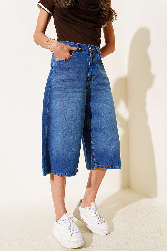 Bermuda baggy en jean bleu à boutons
