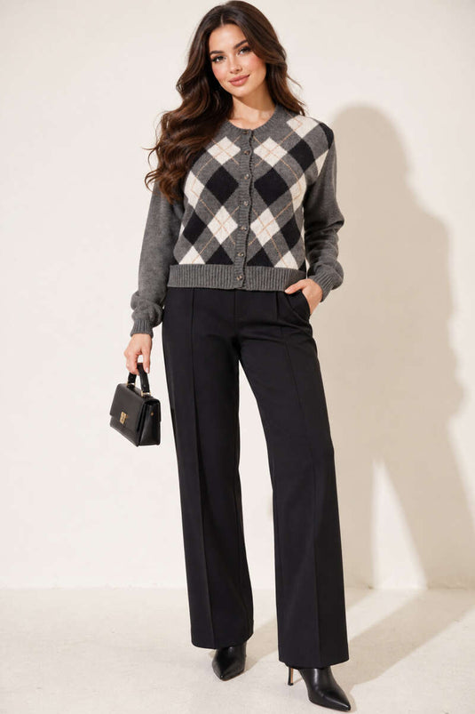 Buttoned Patterned Knit Cardigan In Smoke Grey