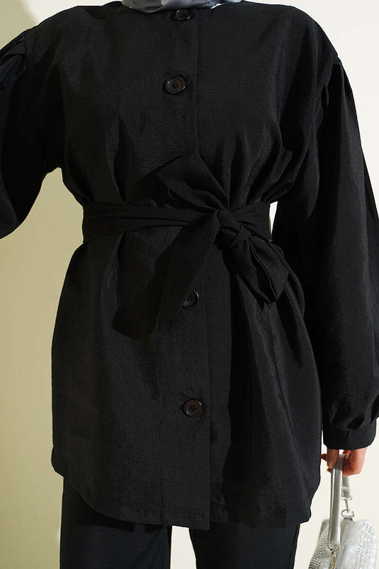 Ensemble Deux Pièces Parachute Noir à Manches Bouffantes Boutonnées