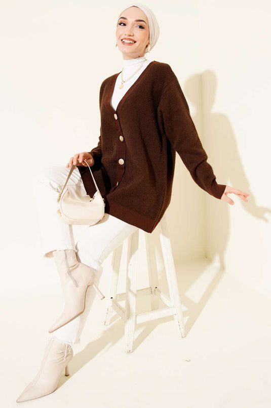Gilet En Maille Basique À Boutons Couleur Marron