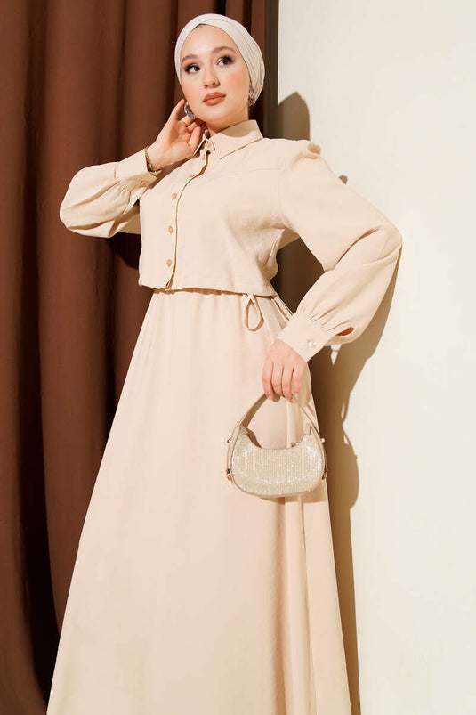 Set aus geknöpftem Tunnel-Tencel-Weste mit Taillengürtel, beige