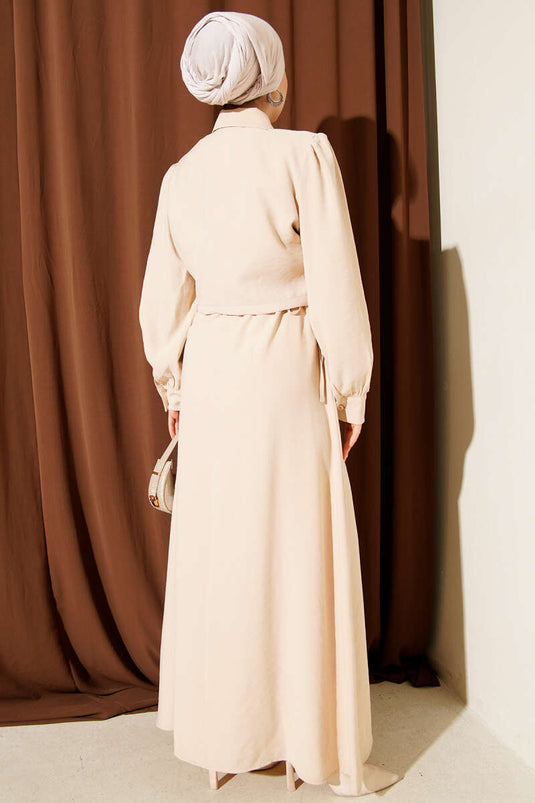 Set aus geknöpftem Tunnel-Tencel-Weste mit Taillengürtel, beige