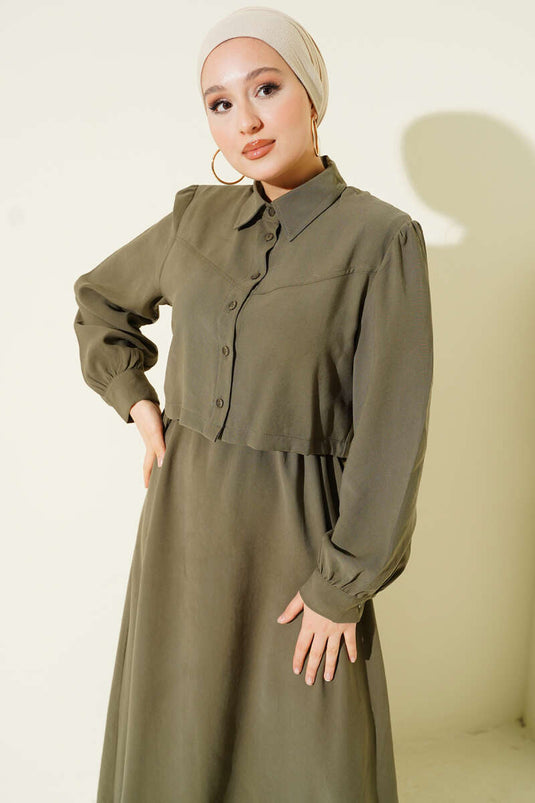 Set aus geknöpfter Tencel-Weste mit Tunnelzug in der Taille, Khaki