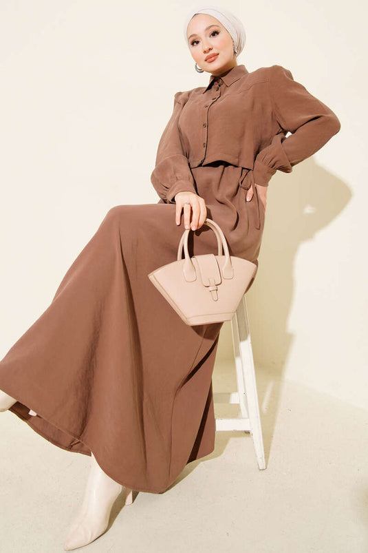 Düğmeli Bel Tünelli Tensel Jile Takım Kahve