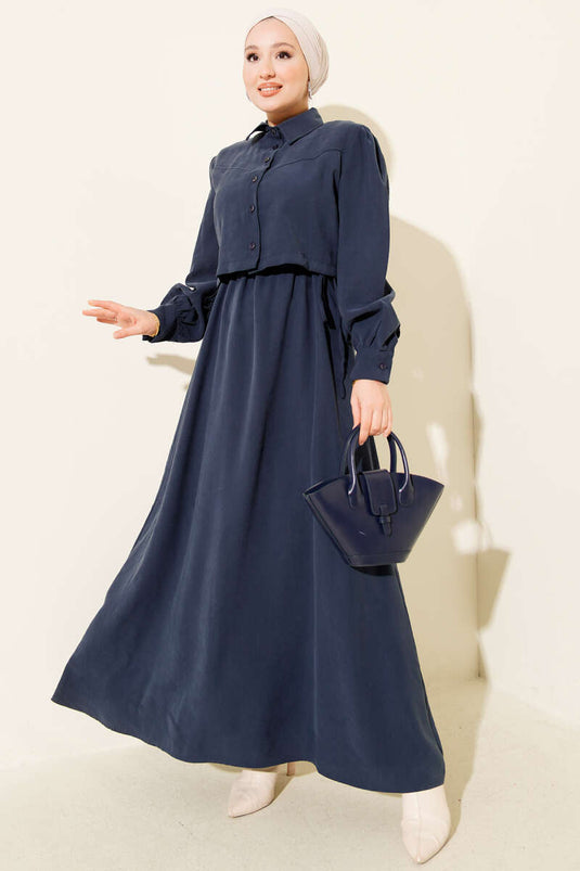 طقم صدرية Tencel نفقية بأزرار على الخصر باللون الأزرق الداكن