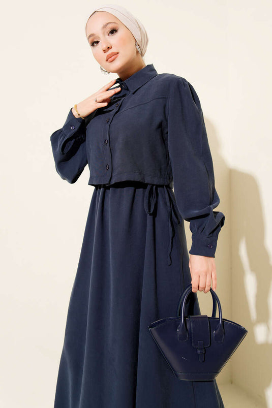 طقم صدرية Tencel نفقية بأزرار على الخصر باللون الأزرق الداكن