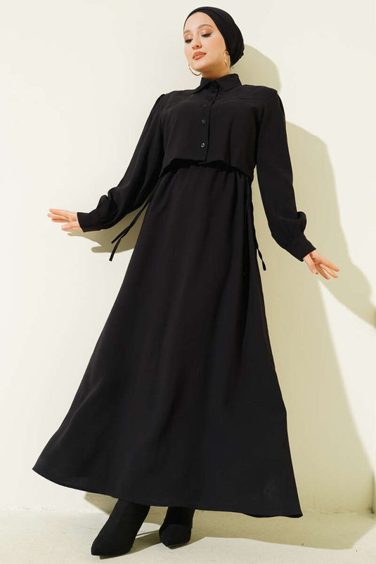 Schwarzes Set aus Tencel-Weste mit Knopfleiste und Tunnelzug in der Taille