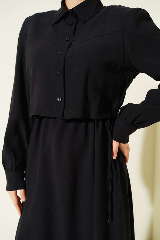 Schwarzes Set aus Tencel-Weste mit Knopfleiste und Tunnelzug in der Taille