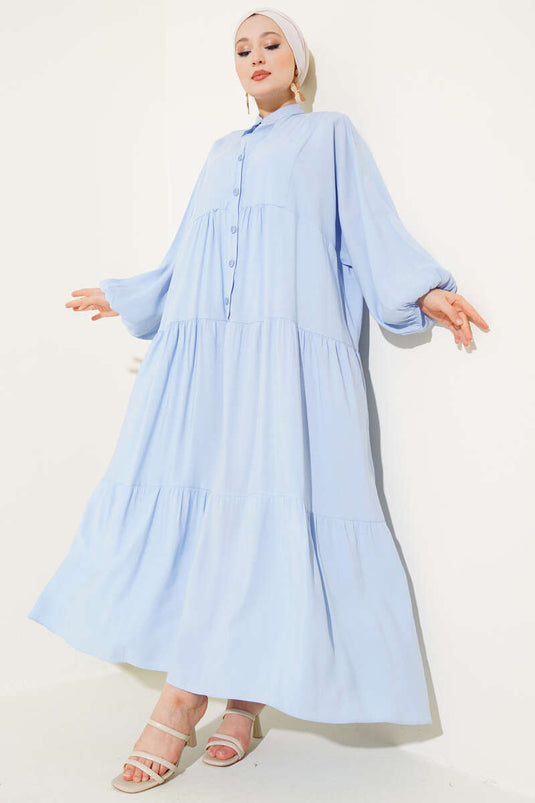 فستان بأزرار وأساور مطاطية، أزرق