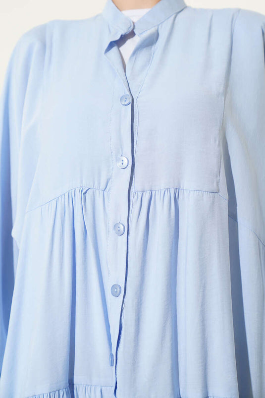 فستان بأزرار وأساور مطاطية، أزرق