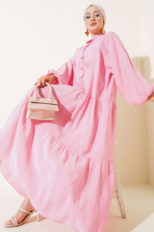 Pink Buttoned Dress with Elasticated Ankles