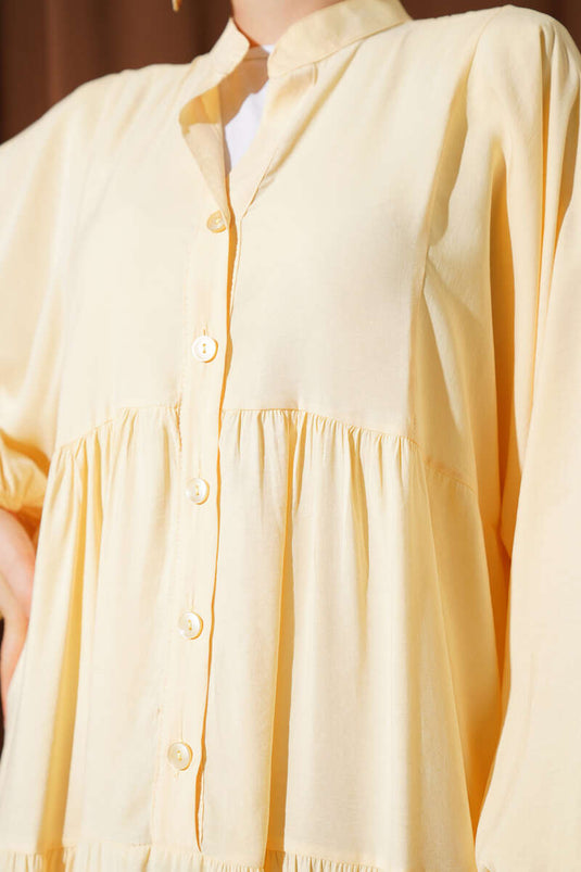 فستان بأزرار وأساور مطاطية، أصفر