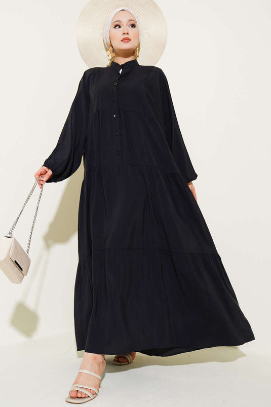 Robe boutonnée à poignets élastiqués, noire