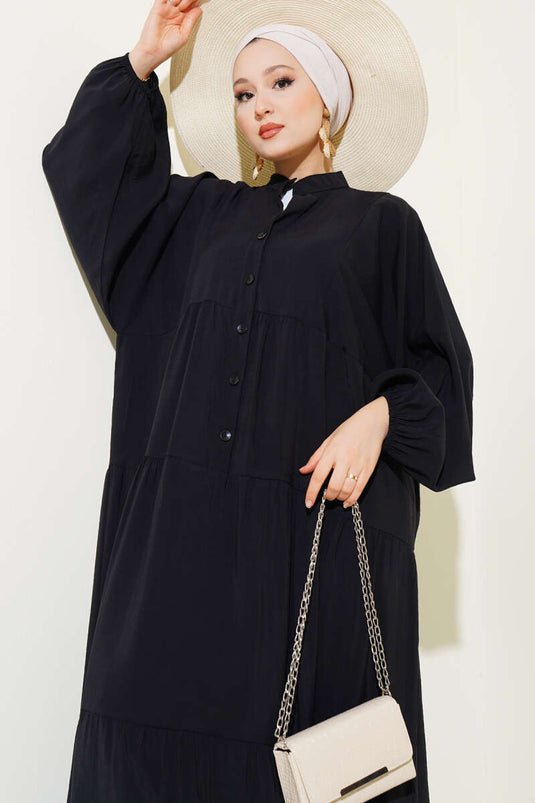 Robe boutonnée à poignets élastiqués, noire