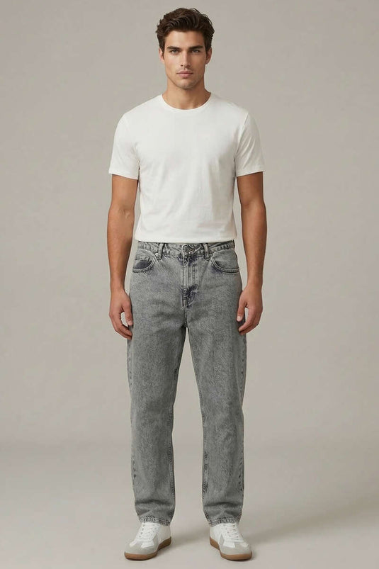 Buttoned Wide-Leg Men's Denim Pants Gray