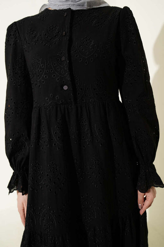 Buttoned Broderie Dress with Elastic Cuffs Black