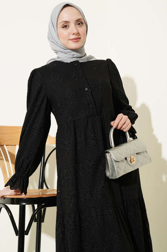Buttoned Broderie Dress with Elastic Cuffs Black