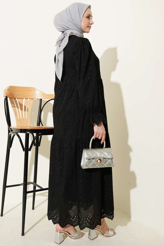 Buttoned Broderie Dress with Elastic Cuffs Black