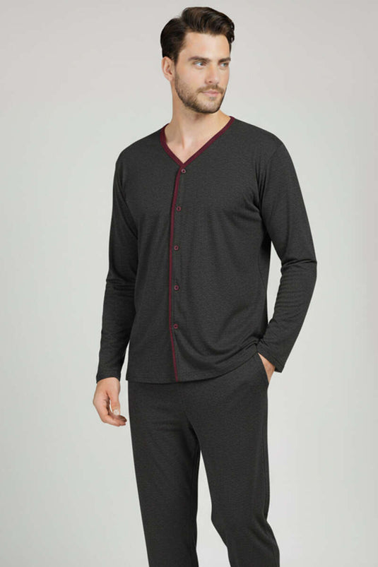 Herren-Pyjama-Set in Übergröße mit Knöpfen, dunkelgrau
