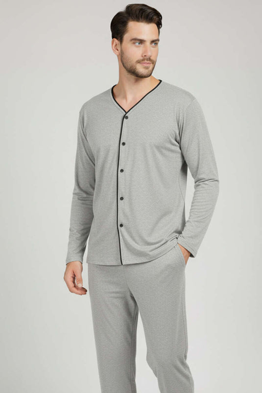 Herren-Pyjama-Set in Übergröße mit Knöpfen, Interlock, Grau