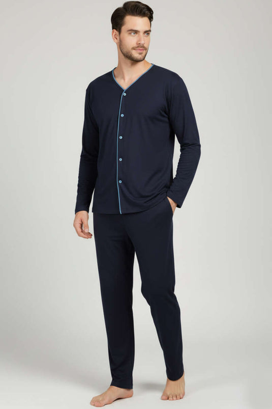 Herren-Pyjama-Set in Übergröße mit Knöpfen, marineblau