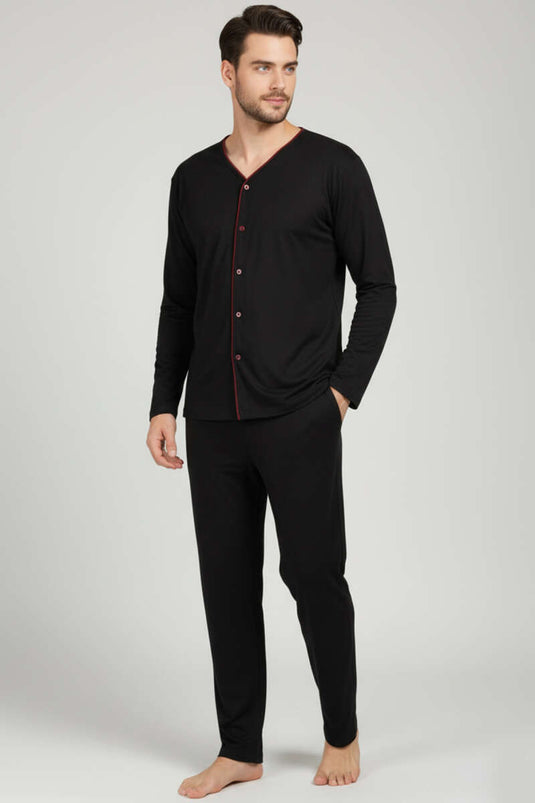 Schwarzer Herren-Pyjama-Set in Übergröße mit Knöpfen und Interlock-Verschluss
