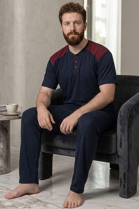 Düğmeli Büyük Beden Kısa Kol Erkek Pijama Takım Lacivert Bordo