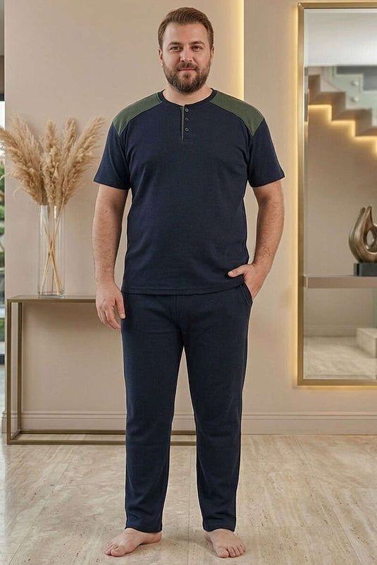 Düğmeli Büyük Beden Kısa Kol Erkek Pijama Takım Lacivert Yeşil