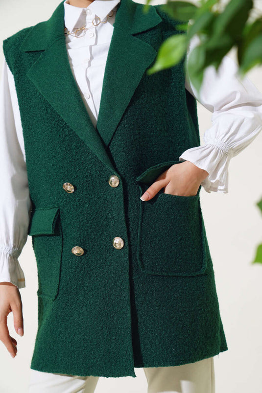 Buttoned Pocket Boucle Vest Emerald